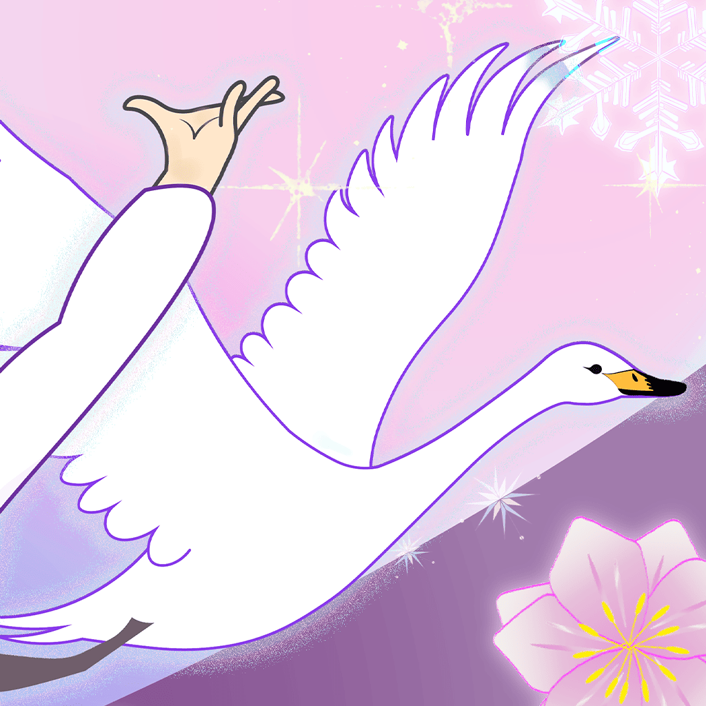翼を広げてクリエとともに空へ舞い上がる白鳥